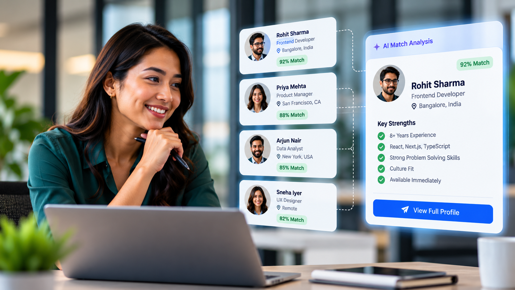 Recruiter comparing candidates ranked by AI match percentage with a highlighted candidate's key strengths