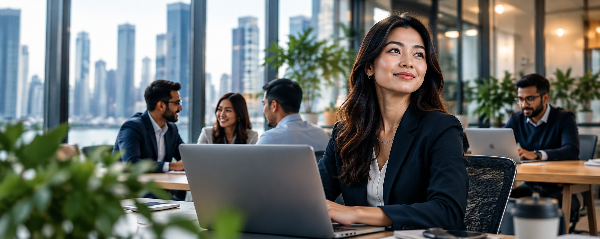 Confident professional woman at her laptop in a bright, modern office