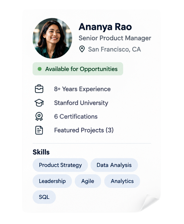 Example ProsAreHere profile: Ananya Rao, Senior Product Manager in San Francisco, available for opportunities, 8+ years experience, Stanford University, 6 certifications, skills in product strategy, data analysis, leadership, Agile, analytics and SQL